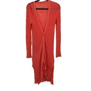 FLAW* Free People Womens Orange Duster Cardigan Popcorn Knit‎ Button Up Sz S